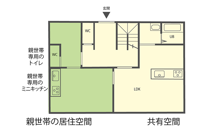 姫路市の二世帯住宅の親世帯の居住空間・共有空間の間取り